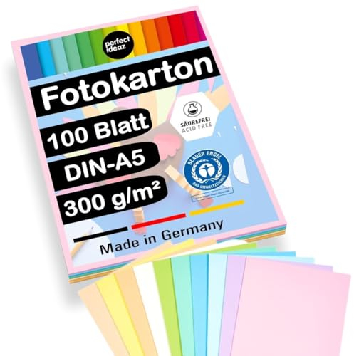 perfect ideaz - 100 Blatt Fotokarton DIN-A5, 10 Farben, 300 g/m², Made in Germany, Blauer Engel zertifiziert