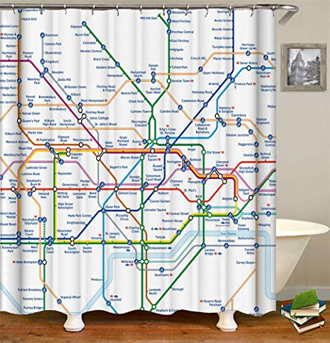 Chickwin Chickw1 Duschvorhang Anti-Schimmel & Wasserdicht, 100% Polyester 3D-Digitaldruck Graffiti-Serien Mit 12 Duschvorhangringe für Badezimmer (180 * 200cm,U-Bahn Route Karte)