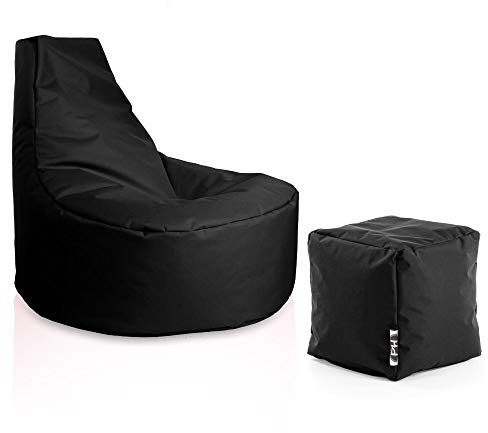 PATCH HOME Gamer fåtölj sittsäck inkl. kub saccosäck set Ø 80 cm, 30 cm sitthöjd, 90 cm höjd 35 x 35 cm kub svart