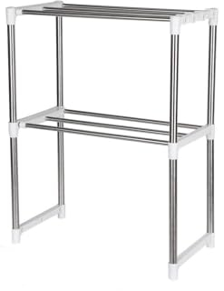 YORKING 2 Tier Microwave Oven Storage Rack Stainless Steel Microwave Shelf Expandable Countertop Stand Shelf with 4 Hooks Kitchen Stand Organiser Countertop Space Saver