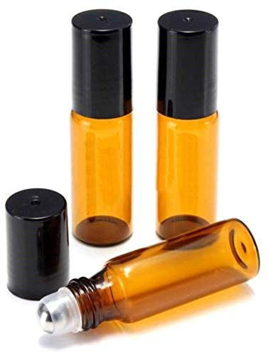 CMJ 2 x 5ml Amber Roll on Glass Bottles Oil Metal Roller Ball Empty BLACK Lid UK Seller