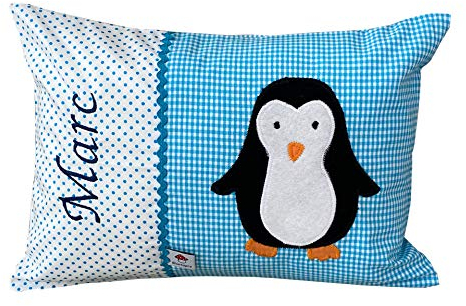 Glückspilz Namenskissen Babykissen I Pinguin I mit Namen personalisiert I Geschenk zu Geburt, Taufe oder Geburtstag I Türkis (25 x 35 cm)