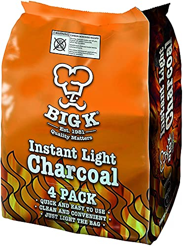 Big K Organic Restaurant Grade Instant Light Lumpwood BBQ Charcoal for Barbecues and Pizza Ovens, 4x 1KG Bags