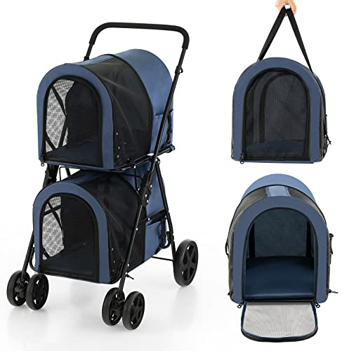 COSTWAY Passeggino per Cani Pieghevole, Carrozzina per Cani Multifunzionale 4 in 1 a Doppio Livello, Passeggino Smontabile con Ruote, Ideale per Passeggiata Viaggio e Shopping (Blu)