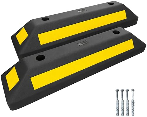 Complete Set of 2 Eco-Friendly Parking Wheel Stops 57CM with Reflective Stripes, Heavy-Duty, Includes Screws and Anchors, Ideal for Cars, Trucks, RVs, Trailers, and Garages, Best Curb parking block