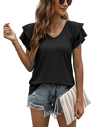 Camisetas Manga Corta Mujer con Volantes Blusas Mujer Verano Cuello en V Elegantes Mujer Tops (A-Negro,M)