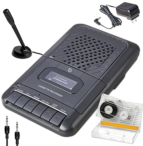 Deluxe Products Portable Cassette Player Tape Recorder. Record to Cassettes via Mic or Aux in. Built-in Speaker to Listen to Cassettes. Includes External Mic, Aux in Cable and AC Adapter