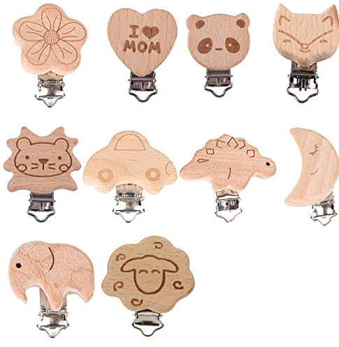 10 stück Schnuller Halter Baby, Natur Schnullerclip, Dummy Clip Halter, Holztiere Schnullerketten Clips, Holz Baby Schnullerketten Clip, Schnuller Clip, Schnullerkette Bastelnfür Baby und Kinder