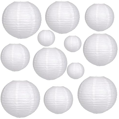 Faroles de papel chinos blancos, 12 unidades de varios tamaños (6, 8, 10, 12 pulgadas), faroles de papel decorativos para decoraciones de fiestas, linternas de papel redondas colgantes