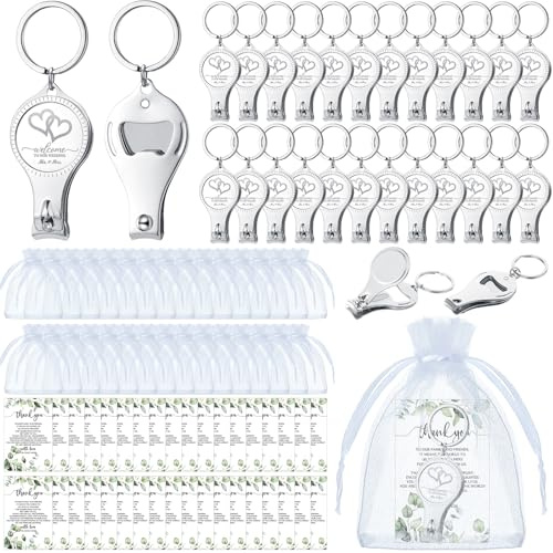 Fulmoon Wedding Multi Function Bottle Opener Nail Clipper, 50 Sets | Multi Function Keychain, Practical Keepsakes, Organza Bags with Thank You Cards, Gifts for Wedding Guests