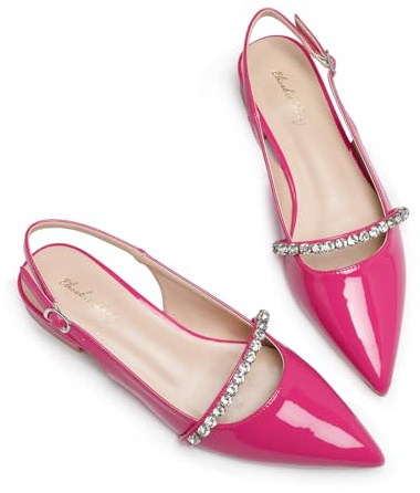 Elisabet Tang Women Slingback Flats with Rhinestone Pointed Toe Flats for Women Dressy Shoes Hot Pink Patent 8.5