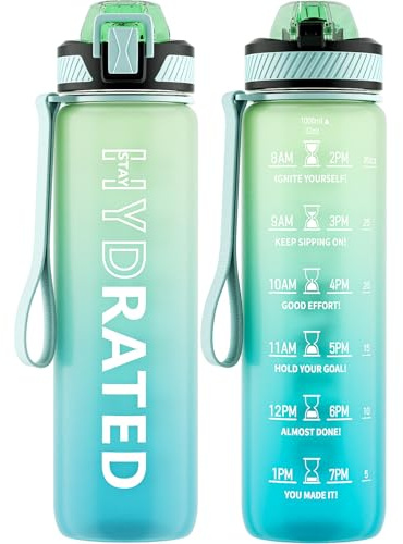 QLUR Trinkflasche, 1L BPA-Frei Tritan Wasserflasche mit Strohhalm, Trinkflasche Sport Auslaufsicher mit Zeitmarkierung und Bürste, Sportflasche für Fitness, Schule, Yoga, Grün Minze (1 Flasche)