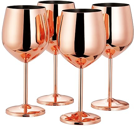 Oak & Steel - 4 elegante große Weingläser in Roségold - Bruchsicheres Glas Geschenkset für Hausbar, Hochzeit, Jubiläum, Geburtstagsfeier, Camping Weingläser unzerbrechlich, 4 Pieces 21 x 9 cm, 0.5 L
