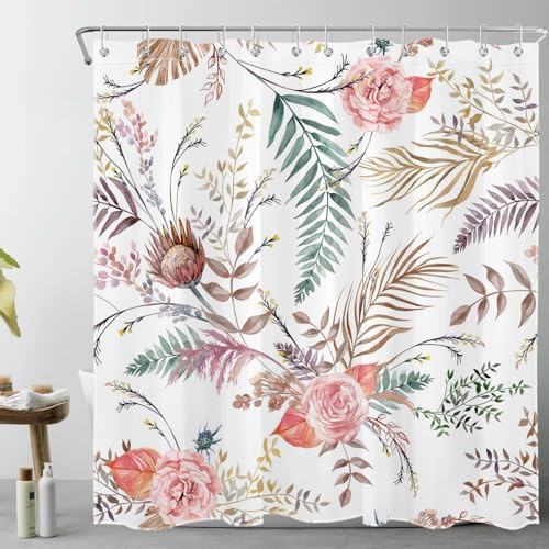 LB Rosa geblümt Duschvorhang 240x175cm(BxH) Ästhetische Blume mit Blättern Antischimmel Wasserdicht Badezimmer Vorhänge, Cottagecore-Pflanzen Extra Breit Polyester Stoff Bad Vorhang mit Haken
