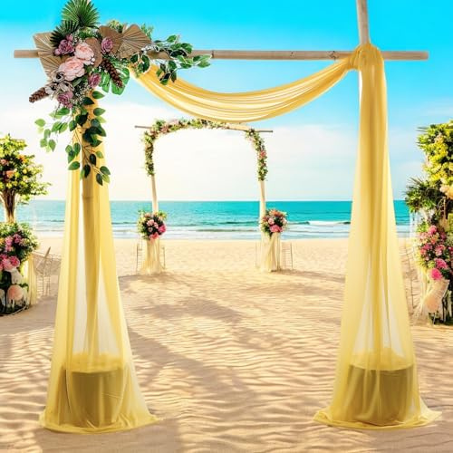 MDS Pack of 1 Wedding Arch Drape Panel (30 Width x 100ft Long) Sheer Chiffon Arbor Canopy Drapery Fabric for Wedding Ceremony Reception Decoration Party Ceiling Backdrop Curtain Swag - Gold