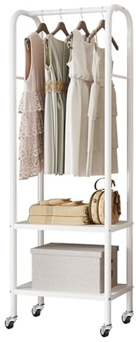 Solerconm Portant à Vêtements Multifonctionnel en Métal avec Roulettes, Tringle Réglable et Étagères Doubles, Idéal pour Petits Espaces et Angles, Capacité de Charge Élevée, 49x33x172cm, Blanc