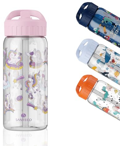 SANTECO Trinkflasche Kinder Auslaufsicher 0,5L - Sport Trinkflasche Schule mit Strohhalm - leichte Tritan Wasserflasche zum Wandern & Fitnessstudio - BPA frei - für Kindergarten, Schule