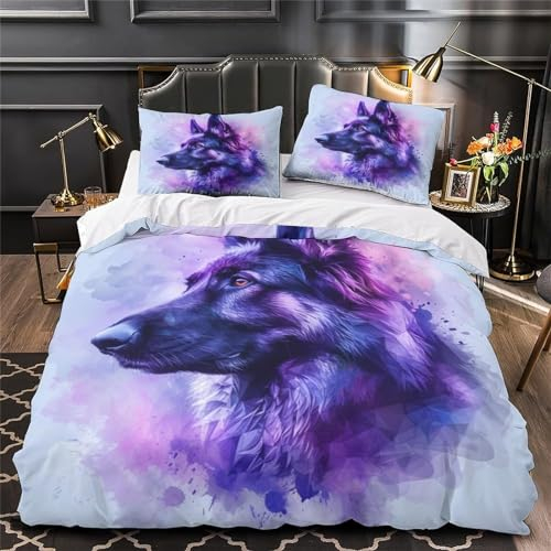 Bettwäsche 140x200 Wolf Lila Bettwäsche Set + 2 Kissenbezug 80 x 80 cm Kissenbezug Reißverschluss,Weich Betten Set Für Jugendliche Kinder Schlafzimmer Dekor