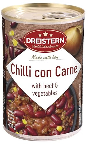 DREISTERN Chili con Carne 400 g I Con carne de res & verduras I Guiso alto en proteínas con nutrientes de calidad I Larga duración gracias a la conservación natural I Calidad casera