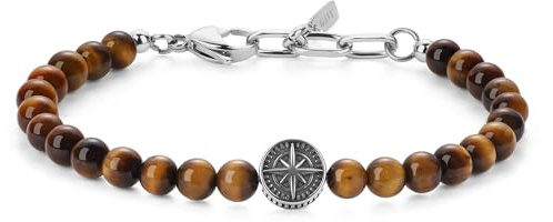 GAVU Bracciale Uomo Vintage in Pietre Naturali, Bracciale Occhio di Tigre da Uomo con Charm Bussola Rosa dei Venti
