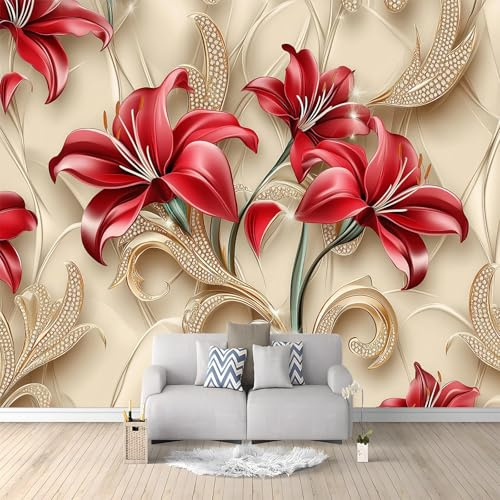 Papier Peint Non-tissées Panoramique 400 x 280 cm Format personnalisé, 3D Poster Geant Mural, Fleurs Exquises Et Modernes pour Salon Chambre restaurant Décoration Murale, Rouge Or