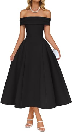 ZESICA Cocktail Dresses for Women's Elegant Off Shoulder Short Sleeve Swing A Line Wedding Evening Party Midi Dress,Black,Medium