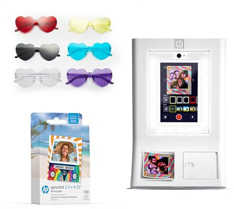 HP Sprocket Photo Booth Machine Instant Color Photo Printer (White) + Zink Paper (100 Sheets) + Glasses (6)