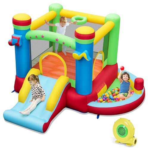 DREAMADE Hüpfburg aufblasbar, Springburg mit Rutsche, Bällebad, Boxsack, Basketballkorb & Tragetasche, Bouncer Haus für Kinder im Alter von 3-12 Jahren, 294 x 290 x 190 cm (mit Geläse)