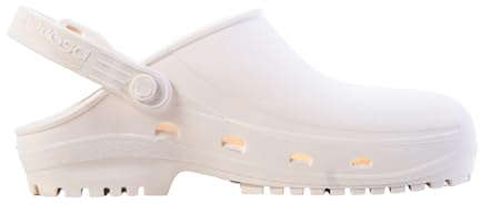 REPOSA Eco - bekväma gummiskor för kvinnor och män, lätta, stötfria, perfekta för hem, trädgård, gör-det-själv - anatomiska sandaler med sidohål, vikbar sladd, Vitt och blått, 41 EU