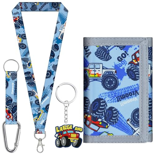 sundee Colorful Kids’Wallet Three-Fold for Boys and Girls, with Neck Lanyard and Matching Keychain Pendant, Ideal Birthday Gift for Children Kids, Great for School & Outings(Car)