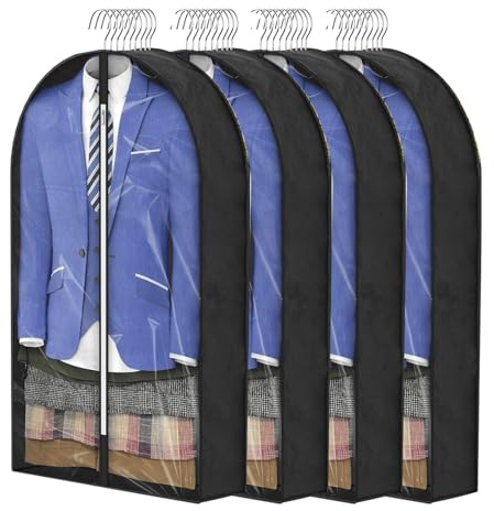 Kleidersäcke, atmungsaktiv, 100 cm (4 Stück) für Anzugjacken, Kleidersäcke zur Aufbewahrung mit 10 cm Zwickel, transparentes Fenster, staubdicht, Kleidertaschen, Schutz für Anzug, Mantel