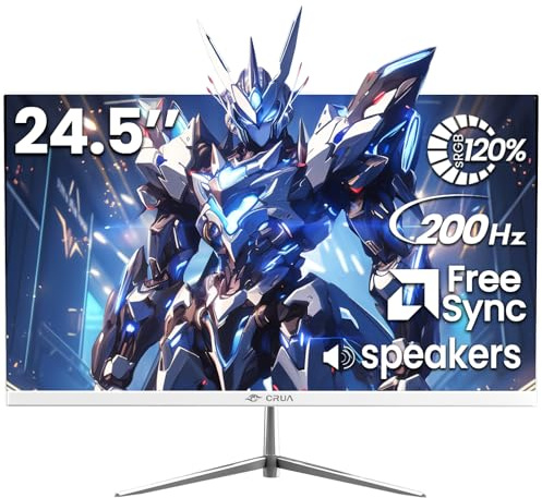 CRUA 24.5 White Gaming Monitor, 200Hz FHD (1920x1080P) VA, Freesync Compatible, 120% sRGB, Blue Light Filter, Built-in Speakers, Wall Mount Installations (HDMI 1.4/DP