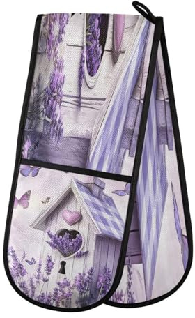 Double Oven Mitts Connected Butterfly Hut Purple Flowers Heat Resistant Long Oven Glove for Cooking Grilling Baking Barbecue 7 x 35