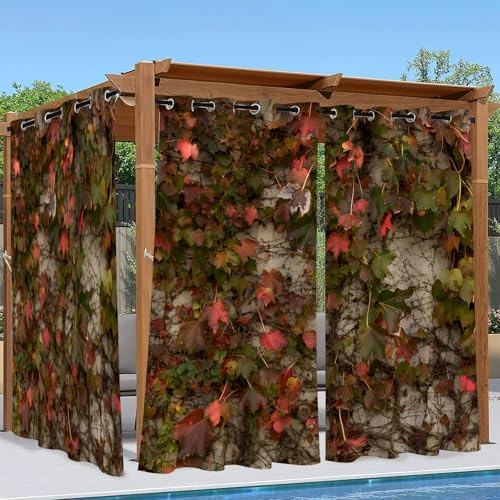 Rideaux D'extérieur Imperméable Plantes Rouges Rideau Exterieur Impermeable Lierre 2 Pièces 132 x 240 cm, Rideau Occultant Thermique pour Pergola Terrasse Cabane Tonnelle Jardin - C25