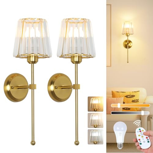 Stepeak Battery Operated Wall Lights Set of 2, Rechargeable Wall Lights Indoor with USB Bulb & Remote, Gold Glass Wireless Wall Light Sconces Stick On, Battery Operated Wall Lamp for Bedroom, Bathroom