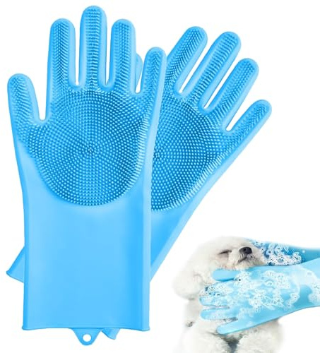 ZHITENG Fellpflege Handschuh, Katzen Handschuhe Fellpflege aus Silikon, Effiziente Tierhaarentferner Handschuh, Fellpflegehandschuh Hund Wiederverwendbar für Langhaar und Kurzhaar (Blau)