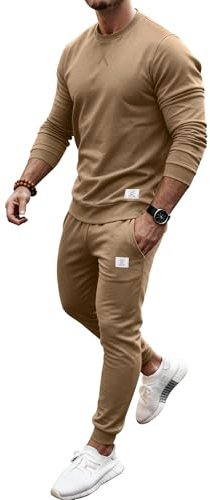 PLEPAN Men's 2 Piece Sweatsuit Casual Outfits Sets Dark Khaki XL