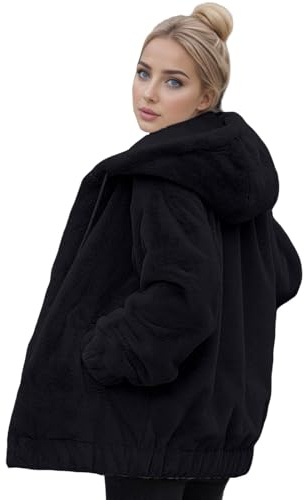 Fleece Jumpers for Women Womens Fleece Jacket Full Zip Up Fuzzy Teddy Coat Winter Hooded Jackets Lapel Cardigan Hoodies Casual Warm Outwear with Hood And Pockets Black