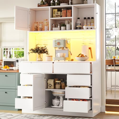Kebnor Moderner Hochschrank, Küchenschrank mit Smart LED Beleuchtung, Hochschränke fürs Wohnzimmer, USB Ladeanschluss, 8 Schubladen, Magnetverschluss, Höhenverstellbaren Böden, 120 ×40×183.5cm (Weiß)