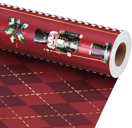 BIOBROWN Presentpapper jul, nötknäppare romer, 43 cm x 10 m | Vändbar med röd nötknäppare och gyllene foliebaksida i rutmönster, perfekt för barn- och familjepresenter
