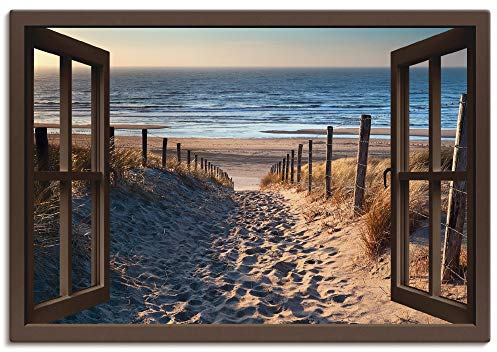 ARTLAND Wanddeko Leinwand Bilder Wandbild Fensterblick Fenster Strand Düne Meer Maritim Landschaft Küste Natur T6BW