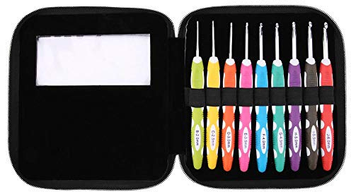 Akozon Häkelnadel 9 Stück Häkelnadeln Set Stricken Glatte Nadeln Werkzeuge Ergonomischer Kunststoffgriff Aluminiumhaken(Blisterverpackung aus Kunststoff)