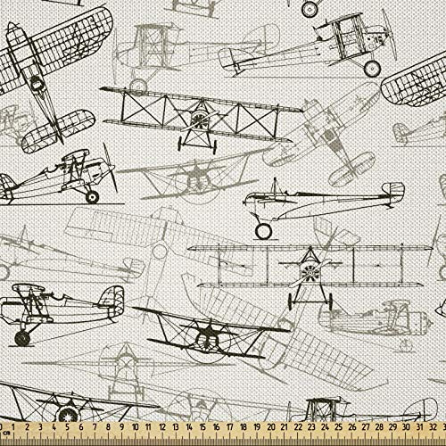 ABAKUHAUS Flugzeug Stoff als Meterware, Old School Flugzeuge, Seidiger Satin Stoff für Polster Heimtextilien, 1M (148x100cm), Olivengrün Tan