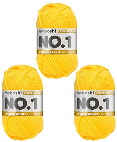 myboshi No.1-Wolle zum Häkeln und Stricken, Schnellstrickgarn, langlebige Mützenwolle, Mulesing-frei, 50g, Ll 55m Gelb (Löwenzahn) 3 Knäuel