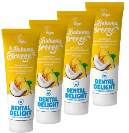 DENTAL DELIGHT 4er Pack Bahama Breeze Zahnpasta mit Ananas-Kokos Geschmack | Zahncreme, 1450 ppm Fluorid, Made in Germany, Ananas, Kokos, Vegan – unterstützt die Zahnreinigung und frischen Atem.
