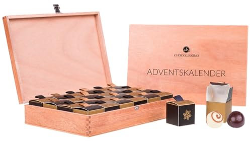 Adventskalender Pralinen, Weihnachtskalender Schokolade - Geschenk für Erwachsene - 24 handgefertigte Pralinen in Holzkiste - Geschenkidee Frauen, Männer, Mann, Frau, Mama, Eltern, Oma, Papa, Opa