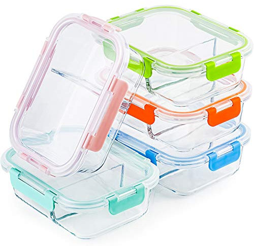 CREST Glass Meal Prep Containers 2 Compartment Set, 5-Pack, 34oz,Divided Bento Lunch Boxes with Lids for Adults