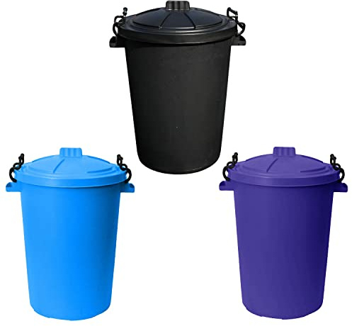 JMS we create smile [Set of 3] 50 Litre Black, Sky Blue & Purple Colour Heavy Duty Plastic Bin Dustbin Storage Unit with Locking Lid for Home Garden Rubbish Waste Animal Feed