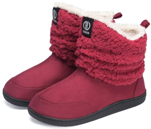 GURGER Hausstiefel Herren Damen Plüsch Gefüttert Hüttenschuhe Hausschuhe Warm Feste Sohle