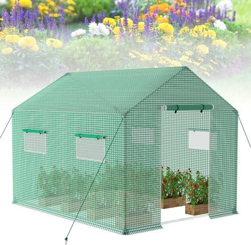 Froadp Serra da Giardino a Tubo Zincato Resistente all'inverno Casa del Pomodoro Invernale 4 Finestre Film di Plastica Miniserra con Griglia Antigelo Serra per Piante da Giardino (6㎡, 3x2x2m)